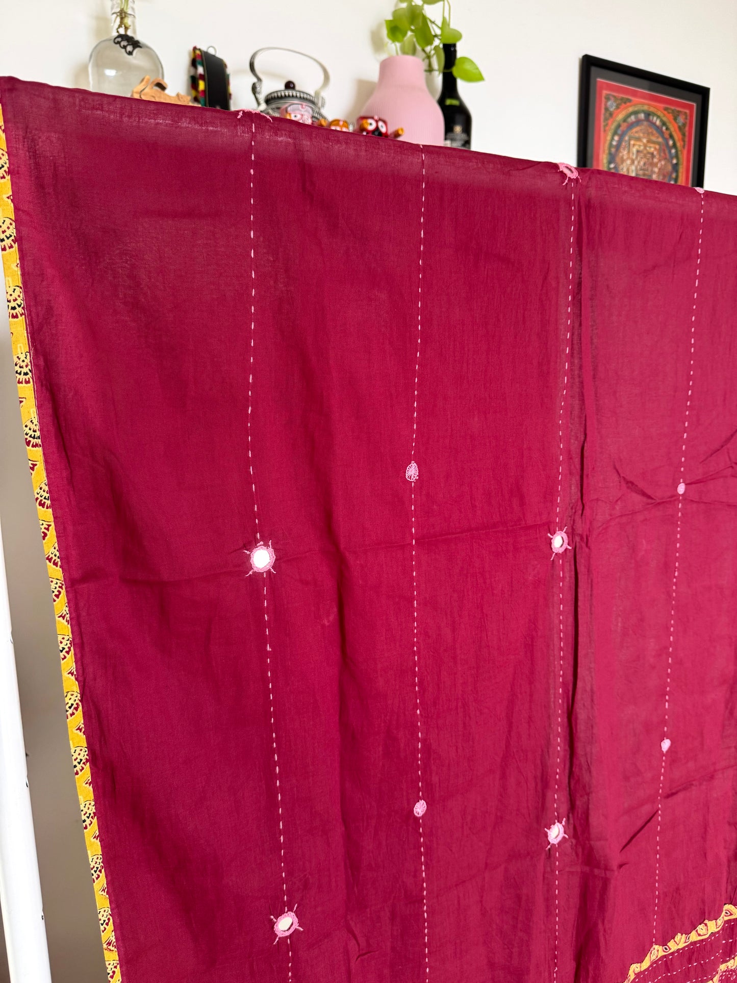 Ajrakh Applique & Kantha Embroidered Dupatta ~ Deep Red with Yellow Kantha Work