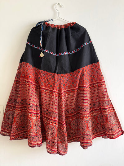 🌻Navrang ~ Ajrakh Handcrafted Long Skirts ~ Brick Orangish Red & Black