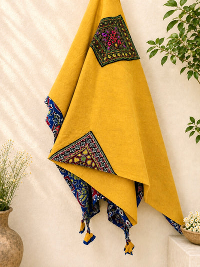 Ajrakh, Applique & Kantha Embroidered Dupatta ~ Peeli Dhoop