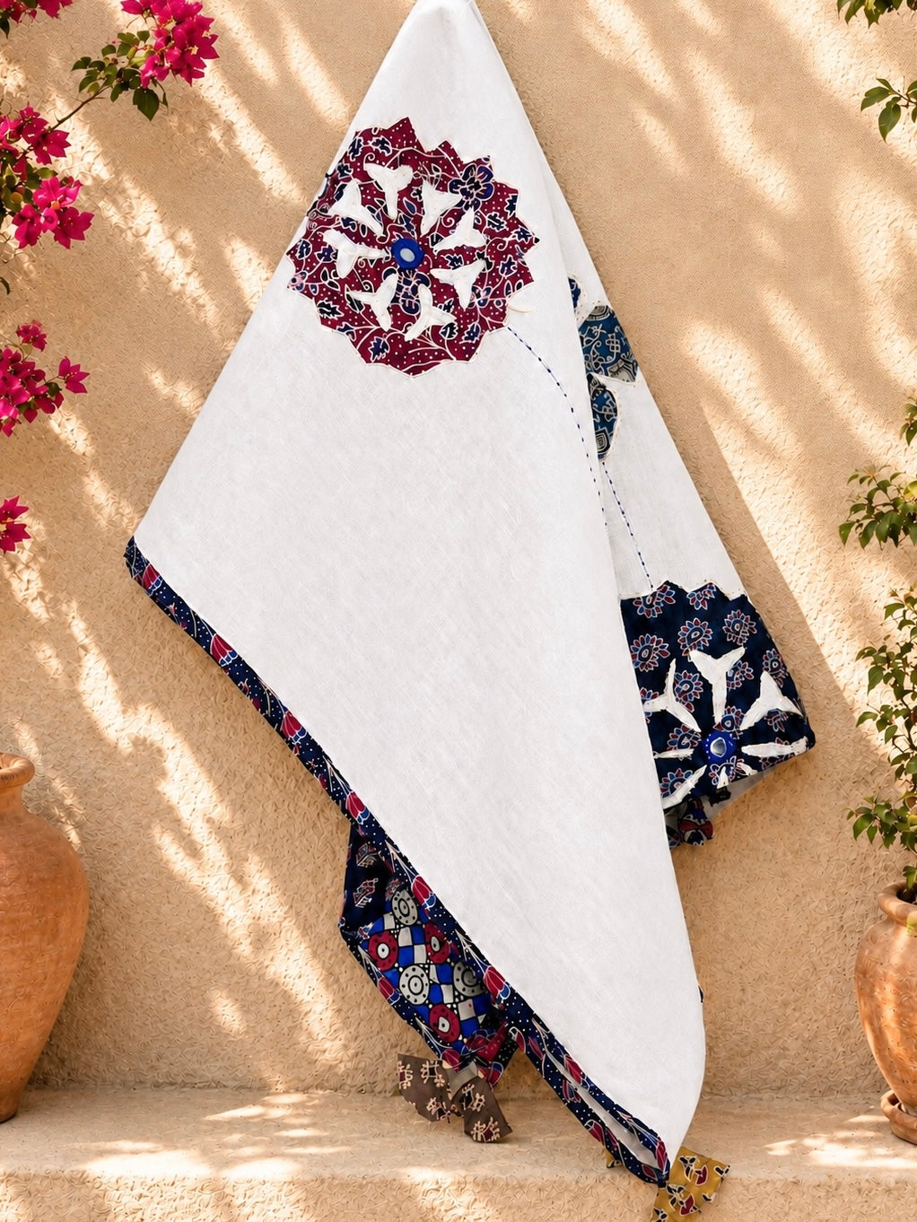 Ajrakh Applique & Kantha Embroidered Dupatta ~ White & Indigo Blooms