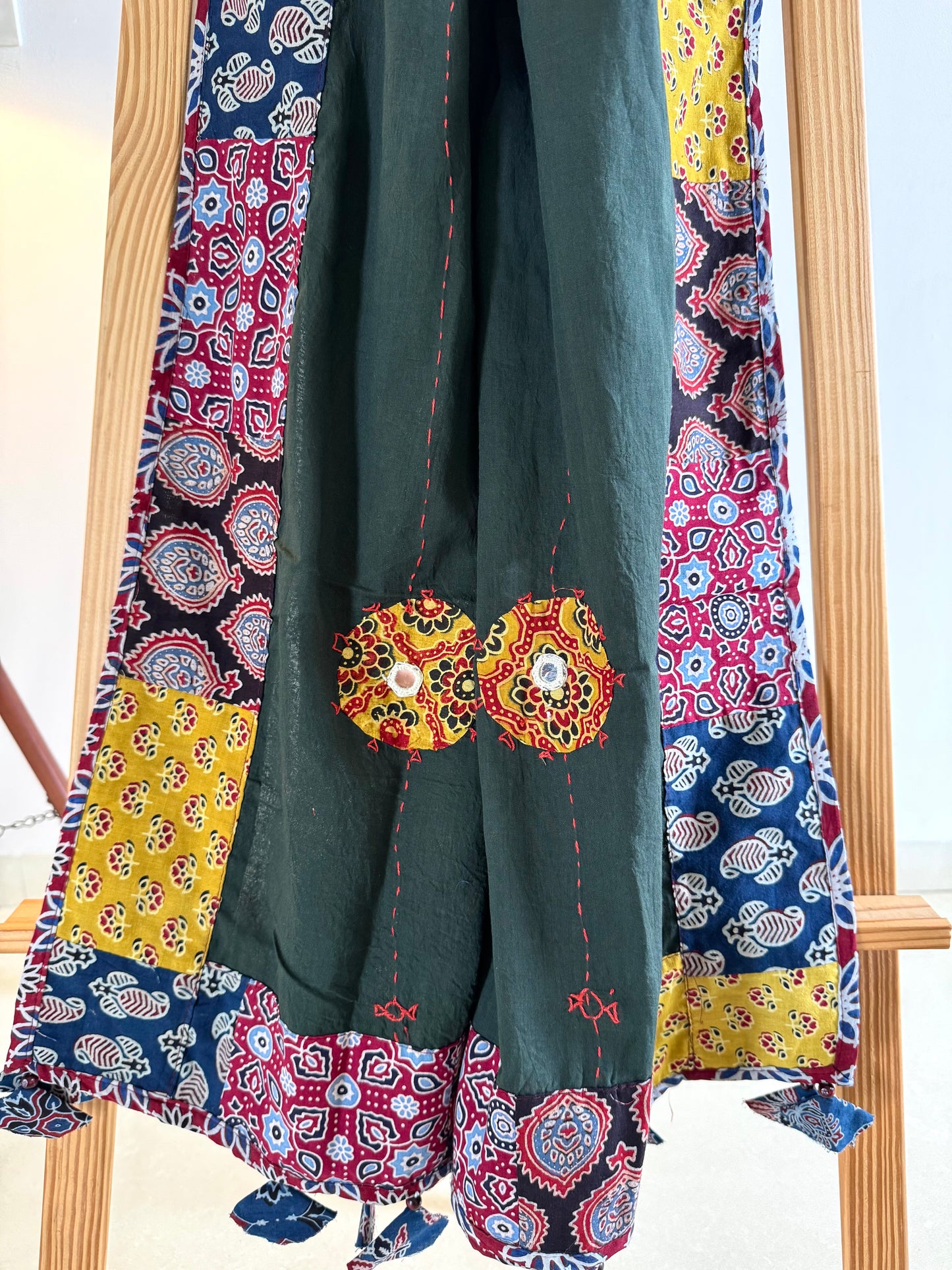 𓂃ོ⋆☀︎𓂃ᨒོ Ajrakh, Applique & Kantha Embroidered Dupatta ~ Olive Green & Yellow 𑁍ࠬ