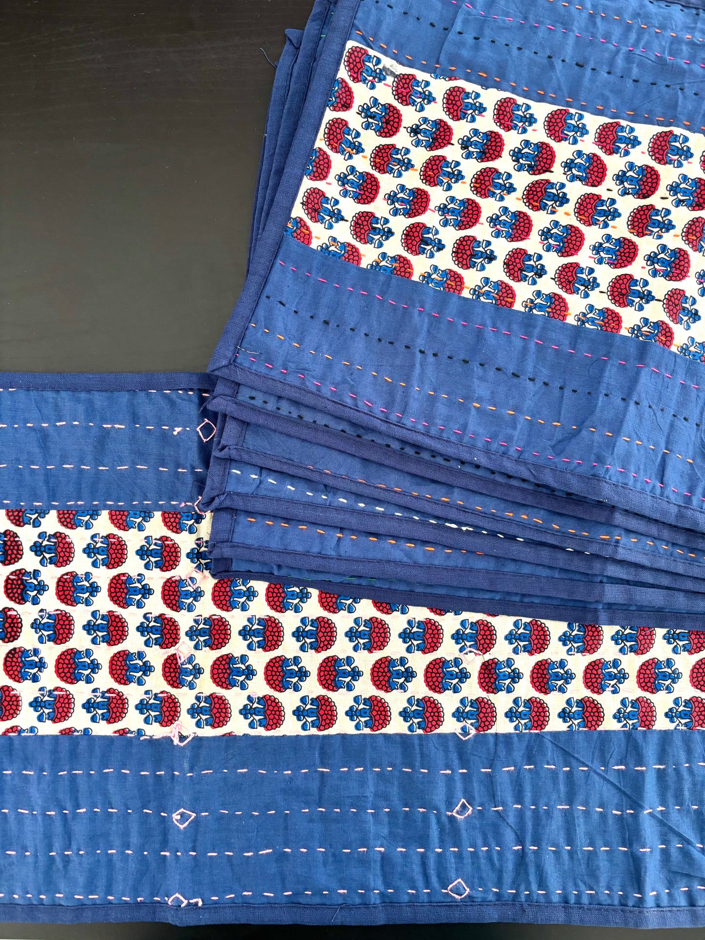 Indigo Blue ~ Ajrakh & Kantha Table Runner w/ Mats