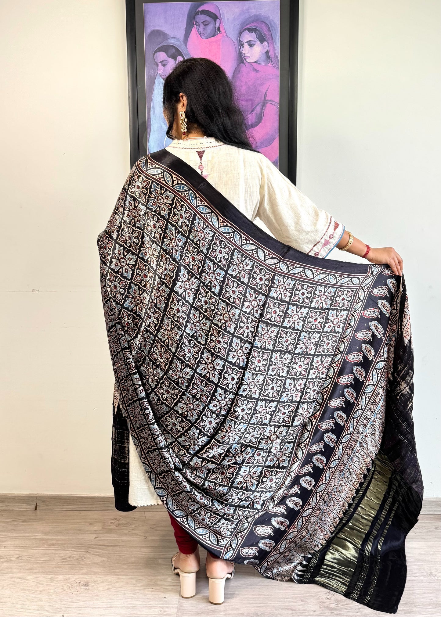 Modal Silk Ajrakh Dupatta ~ Metallic Black Square Motif w/ Zari
