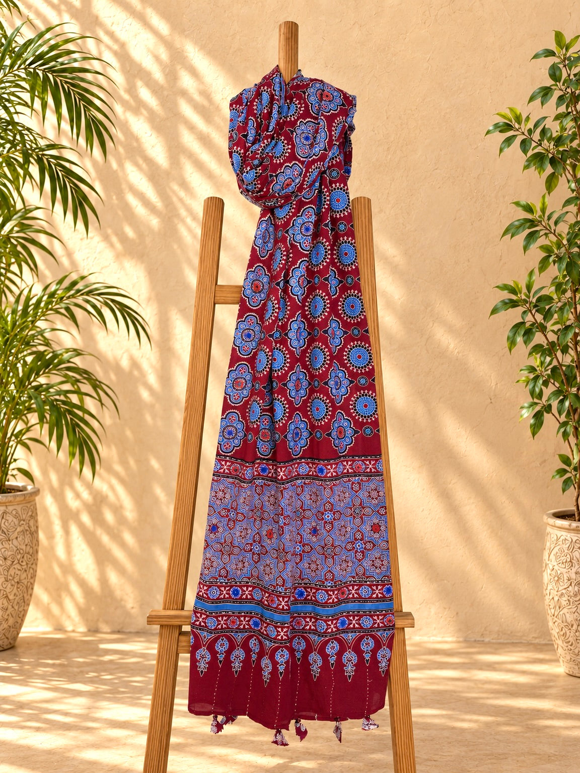 Rangrez🔅Ajrakh Mulmul Cotton Dupattas with Embroidery ~ Wine Red w/ metallic blue