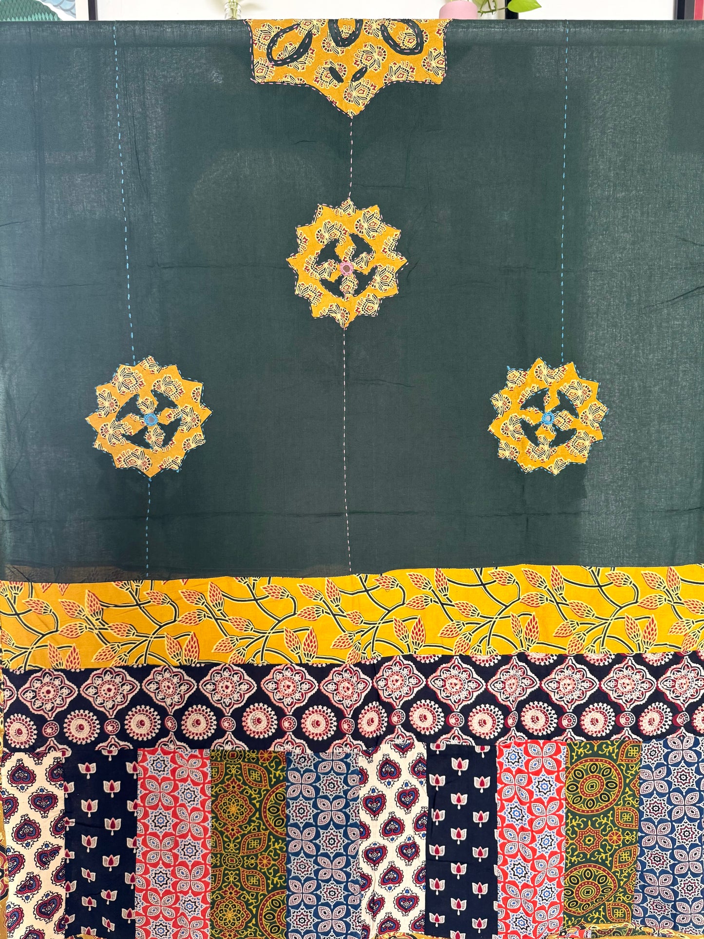 𓂃ོ⋆☀︎𓂃ᨒོ Ajrakh, Applique & Kantha Embroidered Dupatta ~ Olive Green w/ Yellow Flowers 𑁍ࠬ