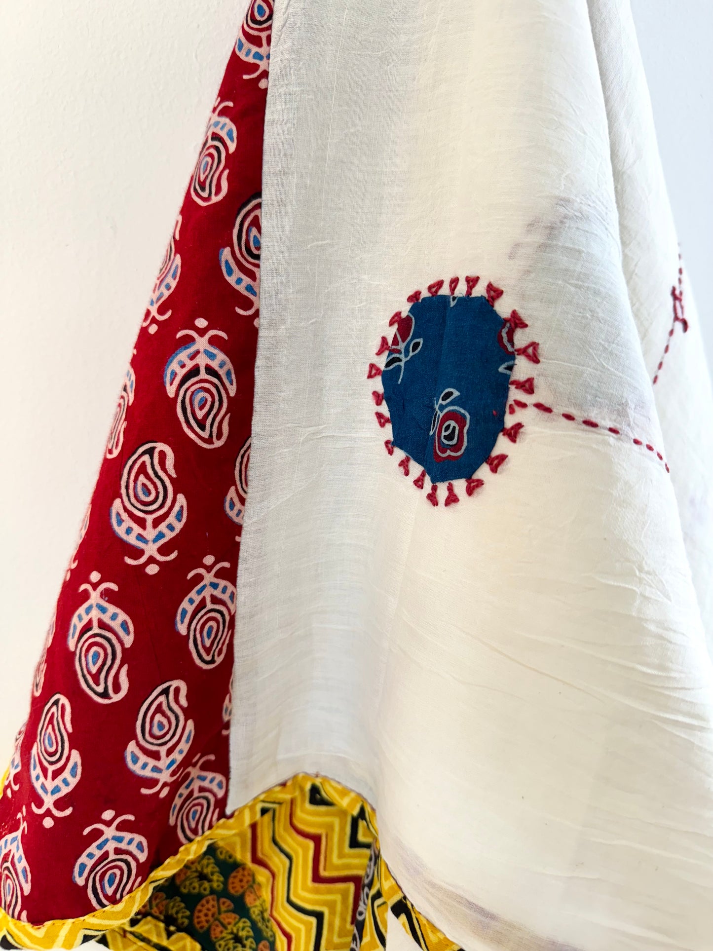 Ajrakh Applique & Kantha Embroidered Dupatta ~ White, Blue & Yellow