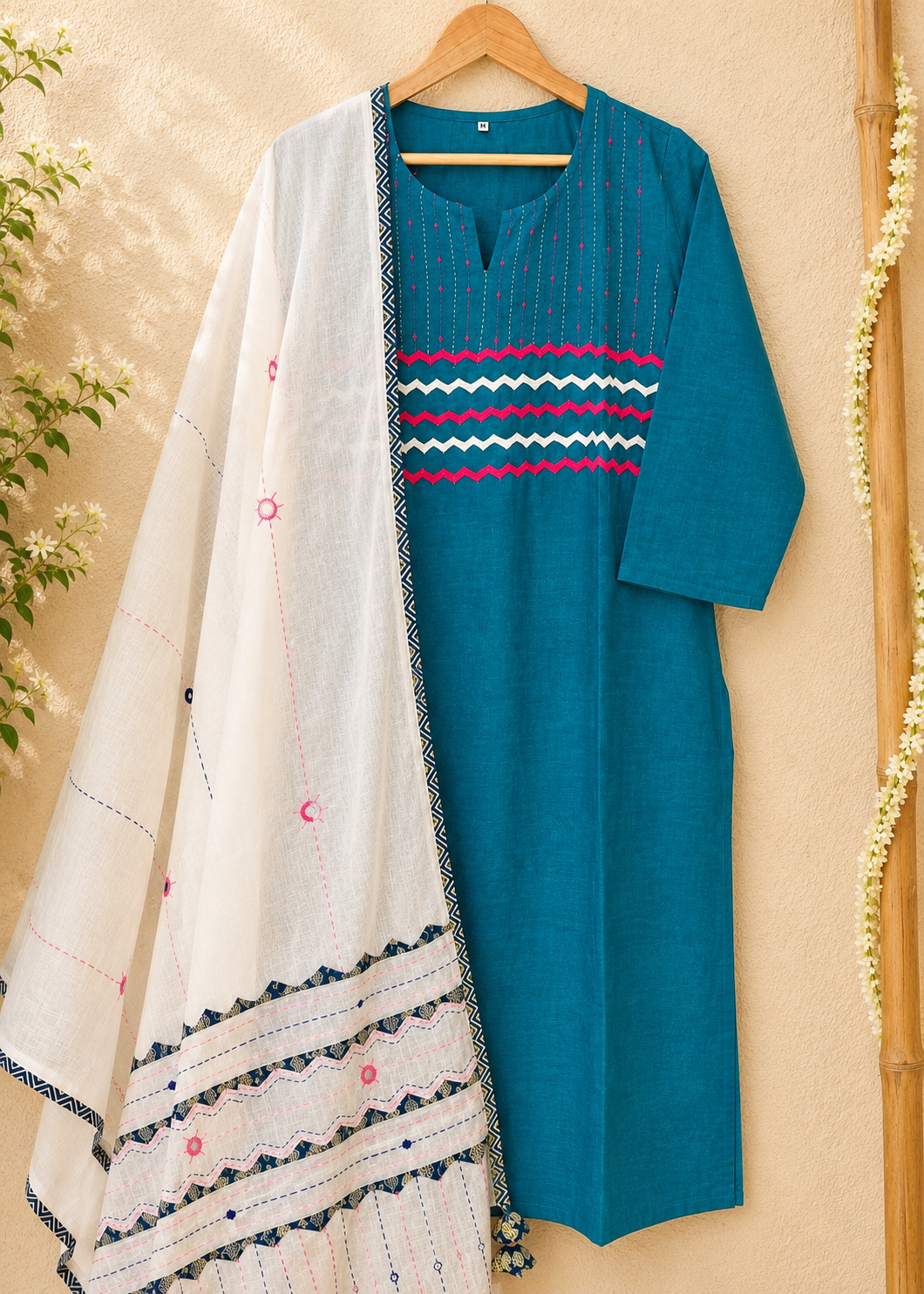 Masakali ~ Turquoise Green Cotton Kantha Kurti & Dupatta Set