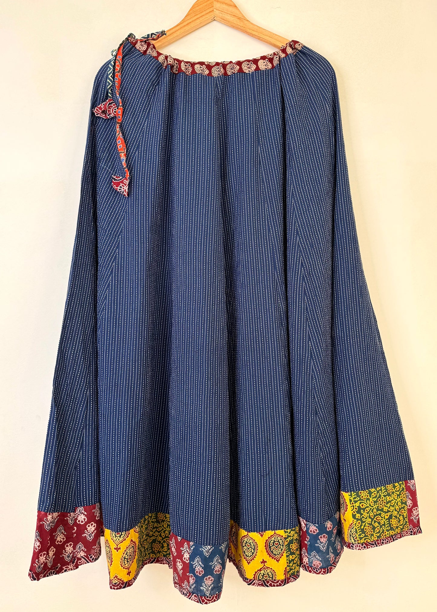 ✨Navrang ~ Ajrakh Long Skirt & Dupatta Set ~ Blue w/ Multicolored Dupatta