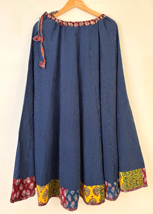 ✨Navrang ~ Ajrakh Long Skirt ~ Navy Blue Textured