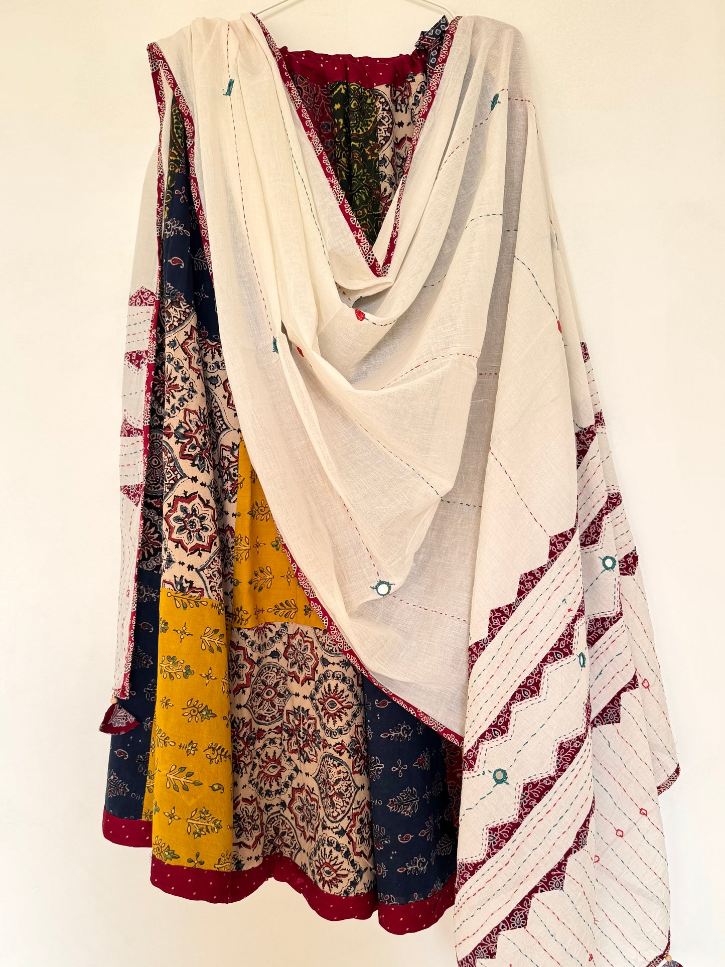 ✨Garba nu Ghoomie ~ Ajrakh Lehenga and Dupatta Set ~ Multicolored w/ Red polka border