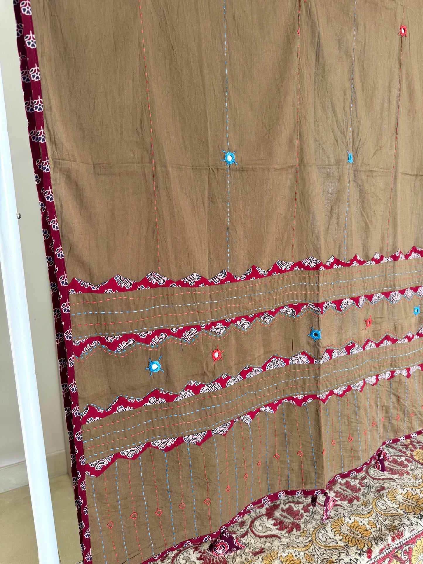 Ajrakh Applique & Kantha Embroidered Dupatta ~ Coco with Red Patchwork