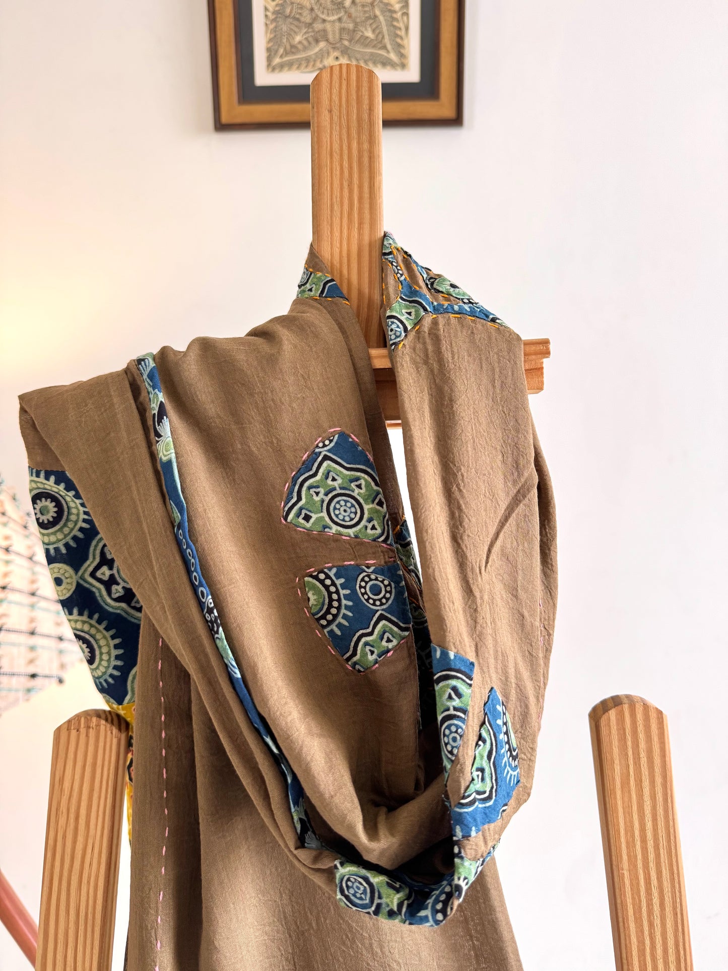 𓂃ོ⋆☀︎𓂃ᨒོ Ajrakh, Applique & Kantha Embroidered Dupatta ~ Coco Brown w/ Blue Flowers 𑁍ࠬ