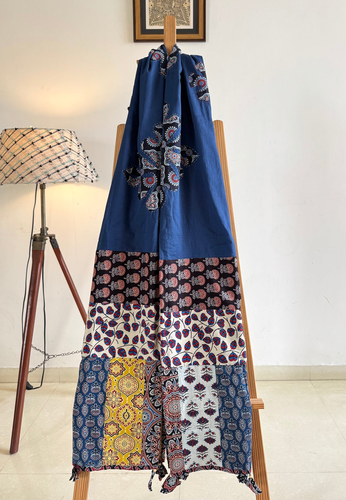 𓂃ོ⋆☀︎𓂃ᨒོ Ajrakh, Applique & Kantha Embroidered Dupatta ~ Navy Blue w/ Black Flowers 𑁍ࠬ