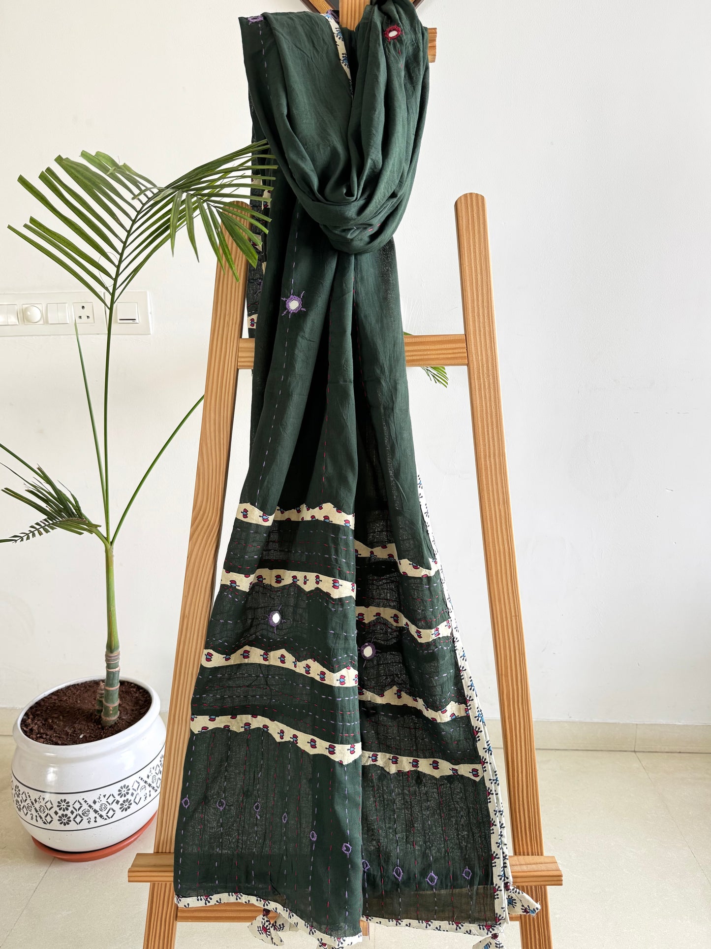 Ajrakh Applique & Kantha Embroidered Dupatta ~ Olive Green & Cream