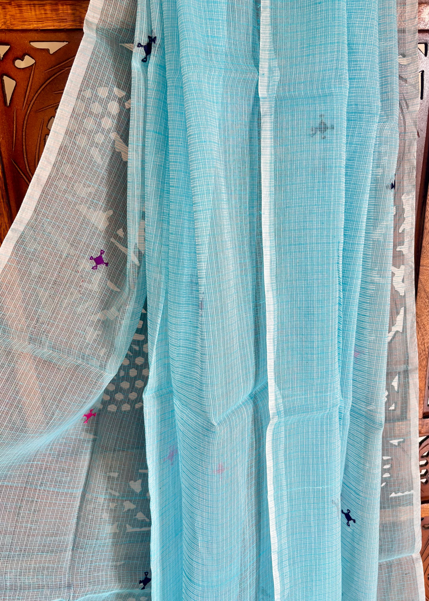 Kota Doria Hand Embroidered Dupatta ~ Aqua blue w/ pink flowers