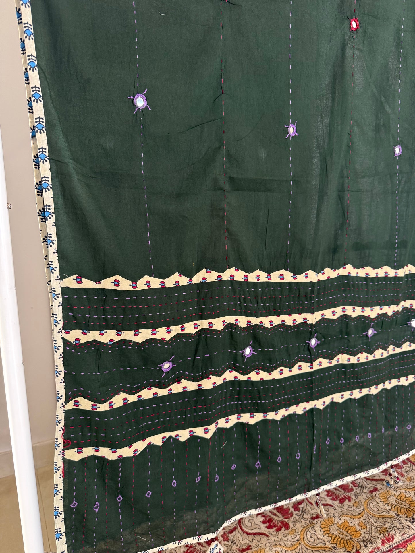 Ajrakh Applique & Kantha Embroidered Dupatta ~ Olive Green & Cream
