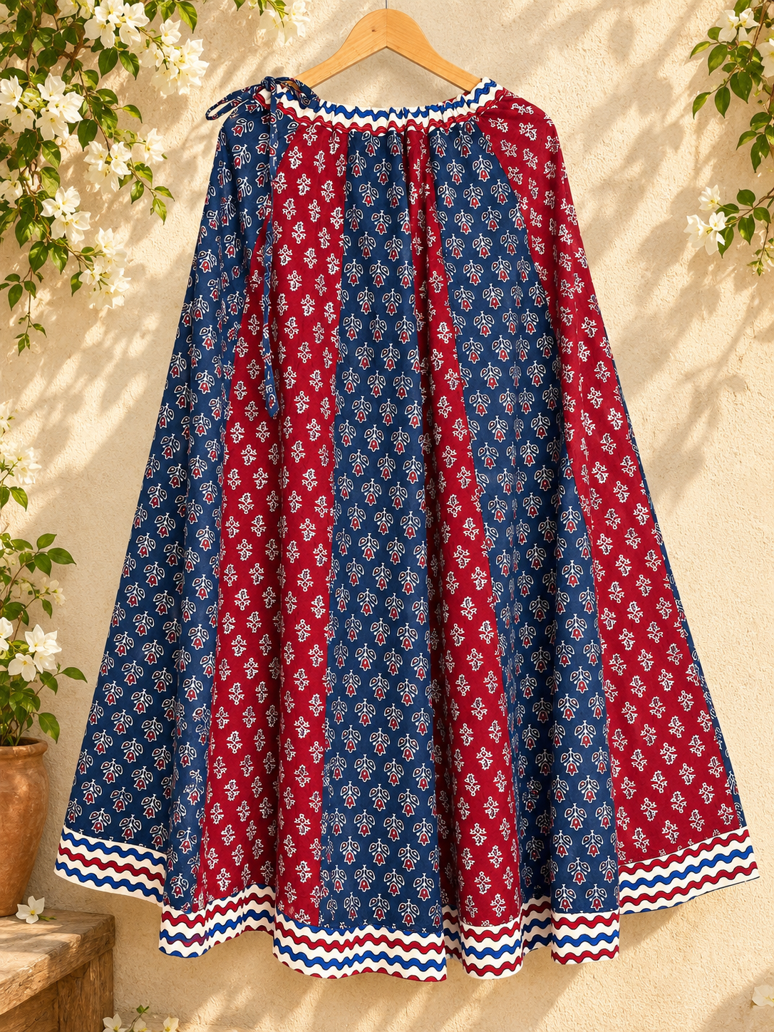 🌻 Navrang ~ Ajrakh Long Skirt ~ Multicolor w/ Zigzag Border