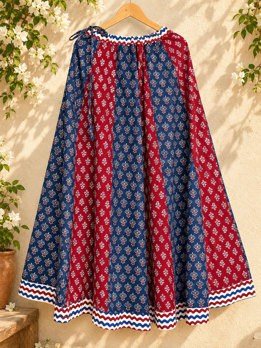 🌻 Navrang ~ Ajrakh Long Skirt ~ Multicolor w/ Zigzag Border