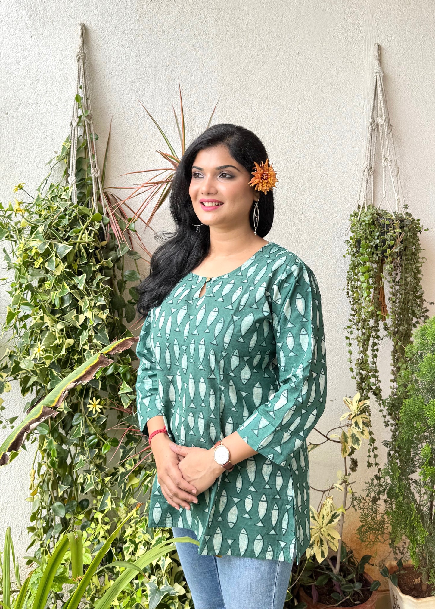 Fish ~ Turquoise Handblock Kurti