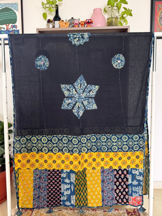 𓂃ོ⋆☀︎𓂃ᨒོ Ajrakh, Applique & Kantha Embroidered Dupatta ~ Black with Blue Crystals𑁍ࠬ