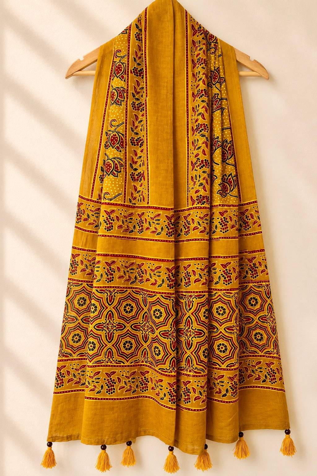 Raahi🌻Ajrakh Cotton Stoles ~ Mustard Yellow w/ Lotus Motif
