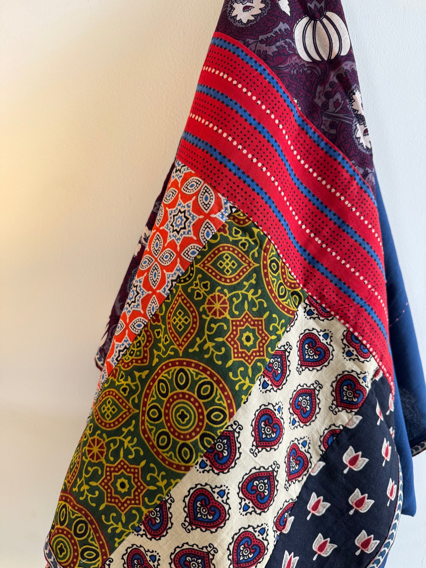Ajrakh Applique & Kantha Embroidered Dupatta ~ Navy Blue with Burgundy Flowers