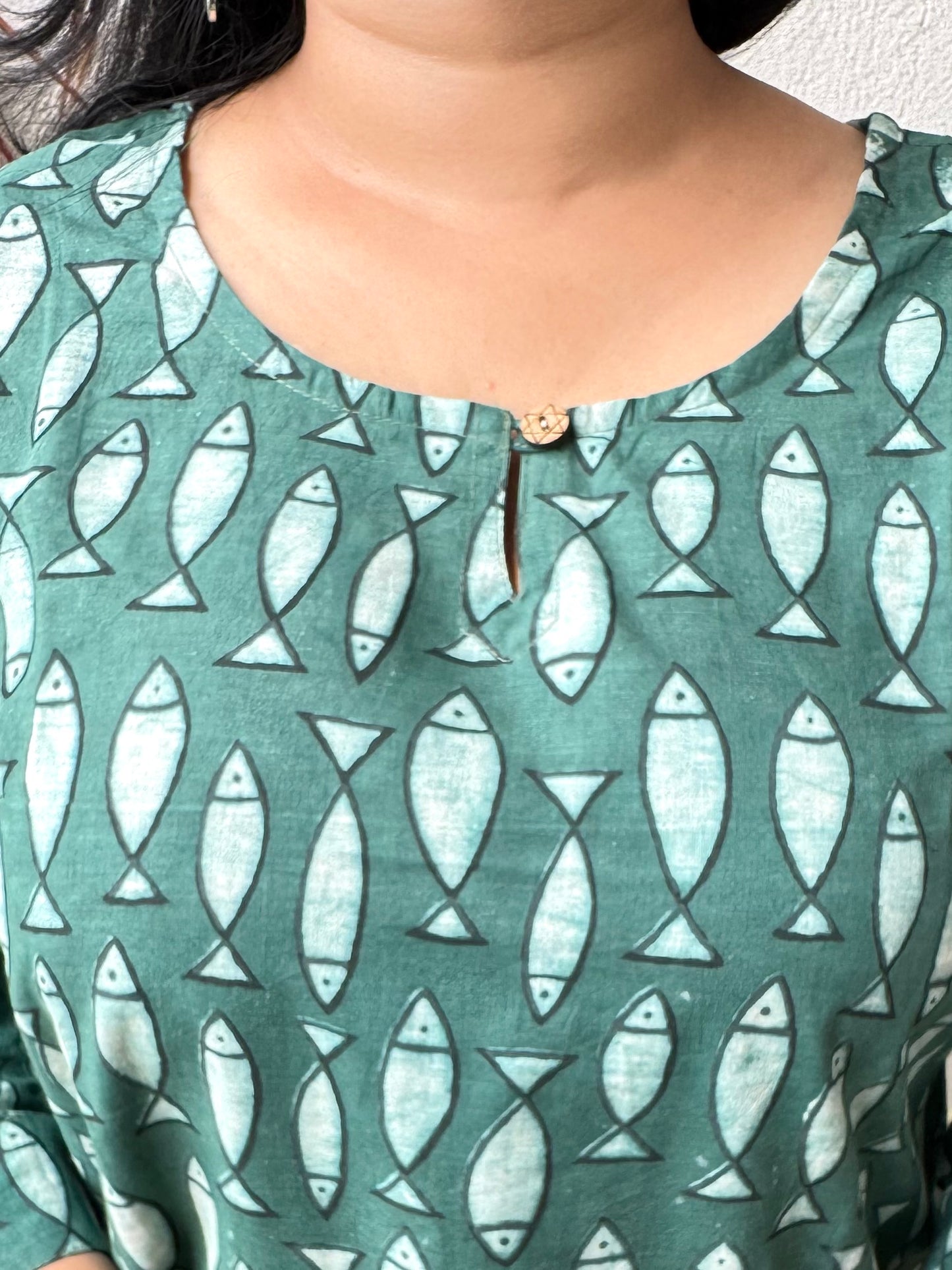 Fish ~ Turquoise Handblock Kurti