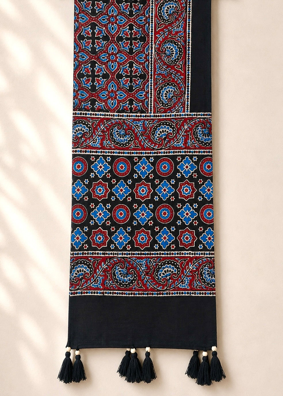 Raahi🌻Ajrakh Cotton Stoles ~ black and blue w/ circle motifs