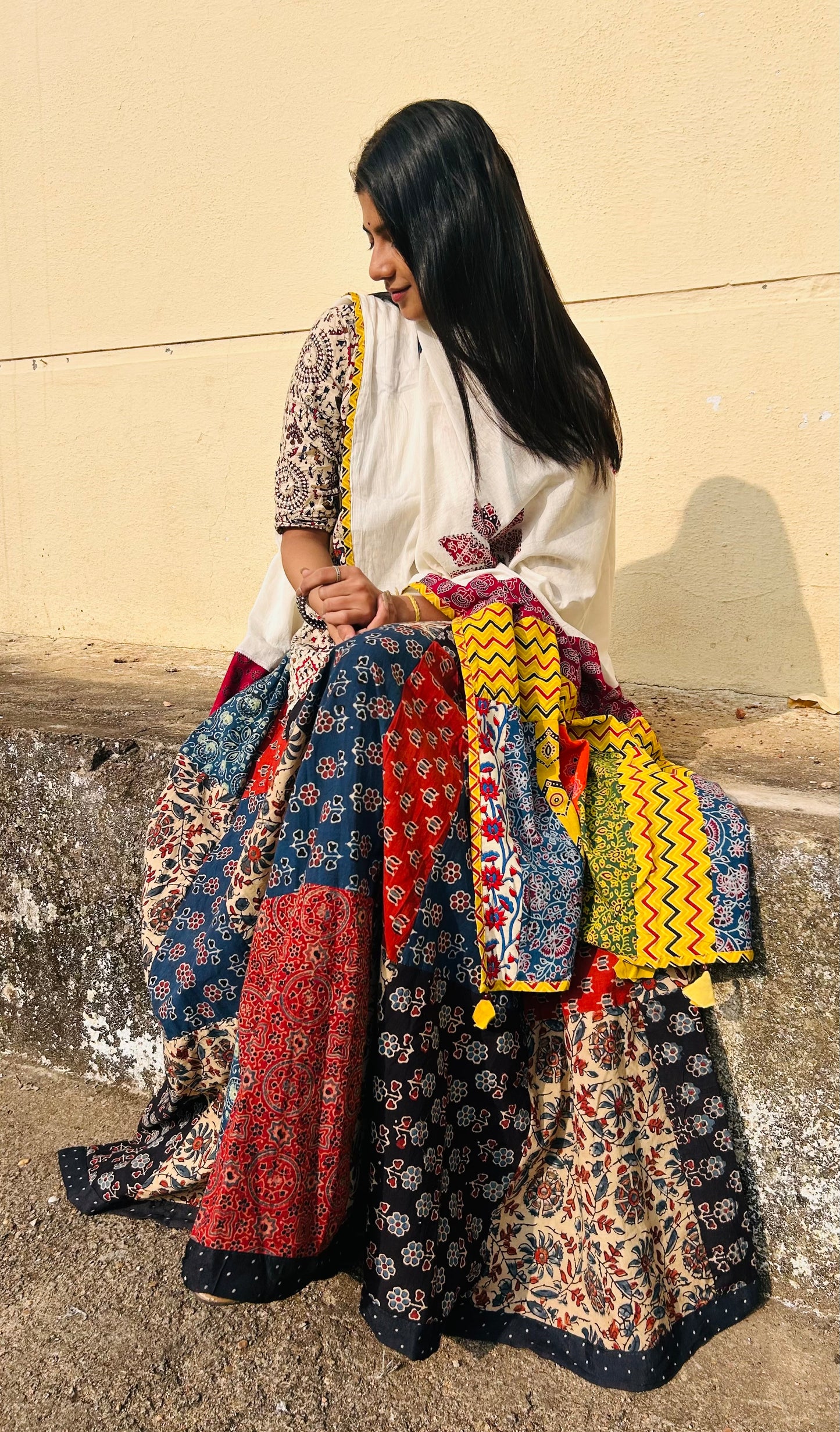 ✨Navrang ~ Ajrakh Skirt and Dupatta Set ~ White w/ Multicolor