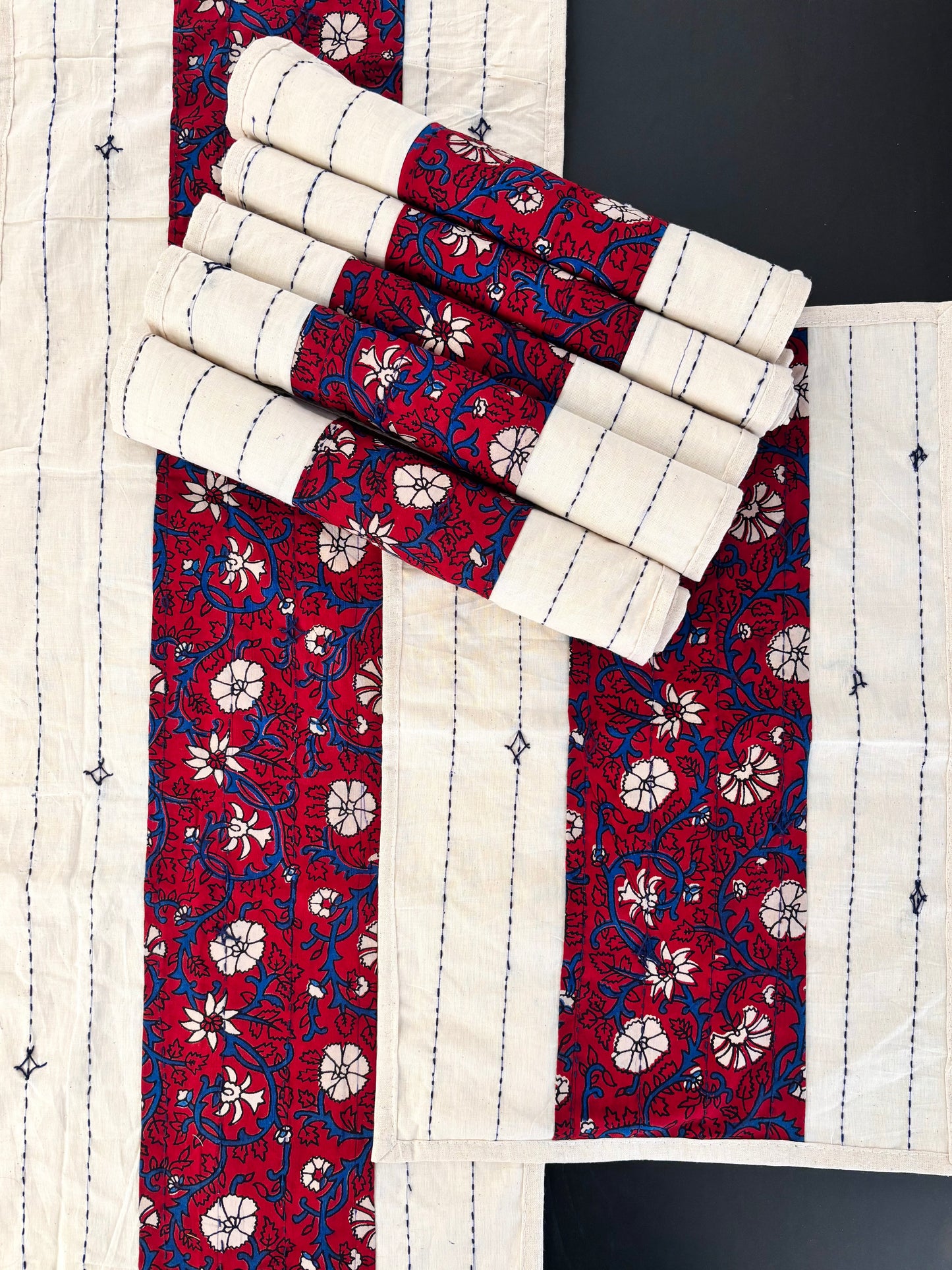 White & Red ~ Ajrakh & Kantha Table Runner w/ Mats