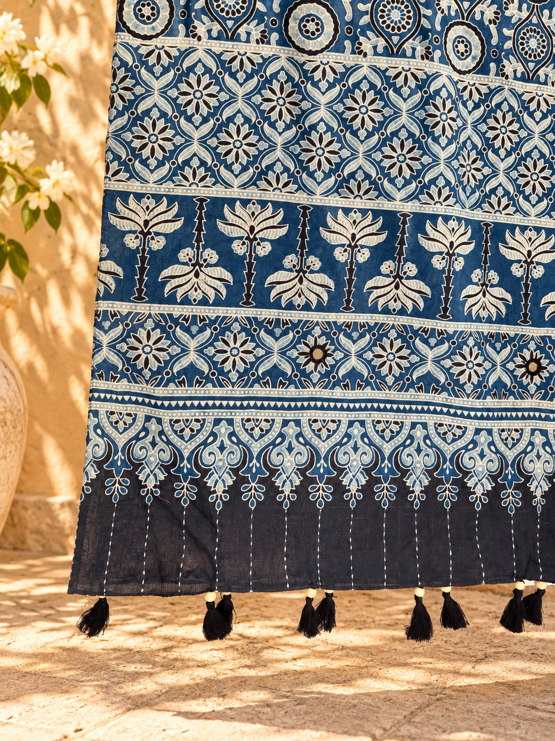 Rangrez🔅Ajrakh Mulmul Cotton Dupattas with Embroidery ~ Neel Kamal