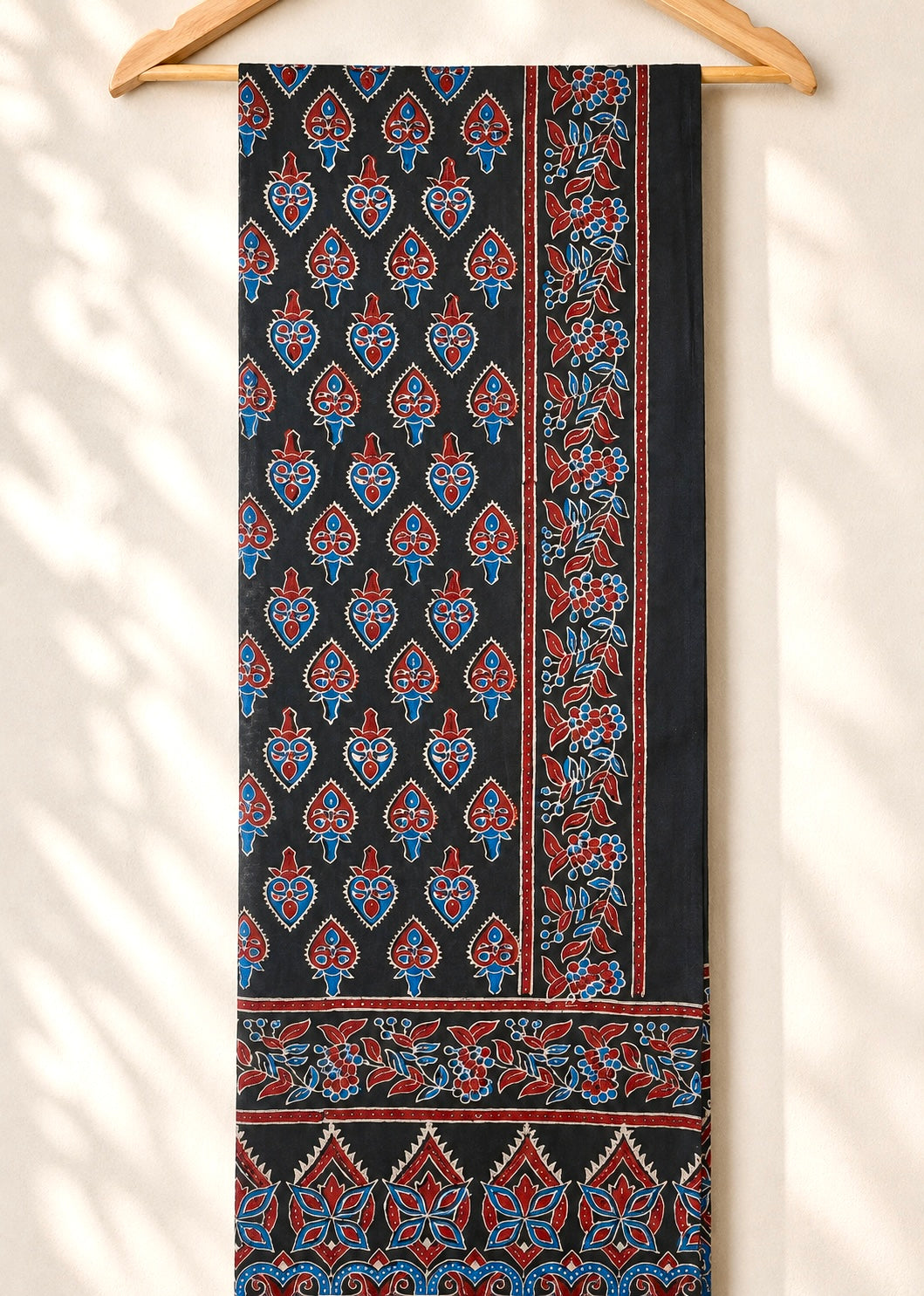 Raahi🌻Ajrakh Cotton Stoles ~ black and metallic blue w/ flower motifs