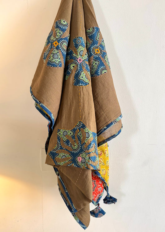 𓂃ོ⋆☀︎𓂃ᨒོ Ajrakh, Applique & Kantha Embroidered Dupatta ~ Coco Brown w/ Blue Flowers 𑁍ࠬ