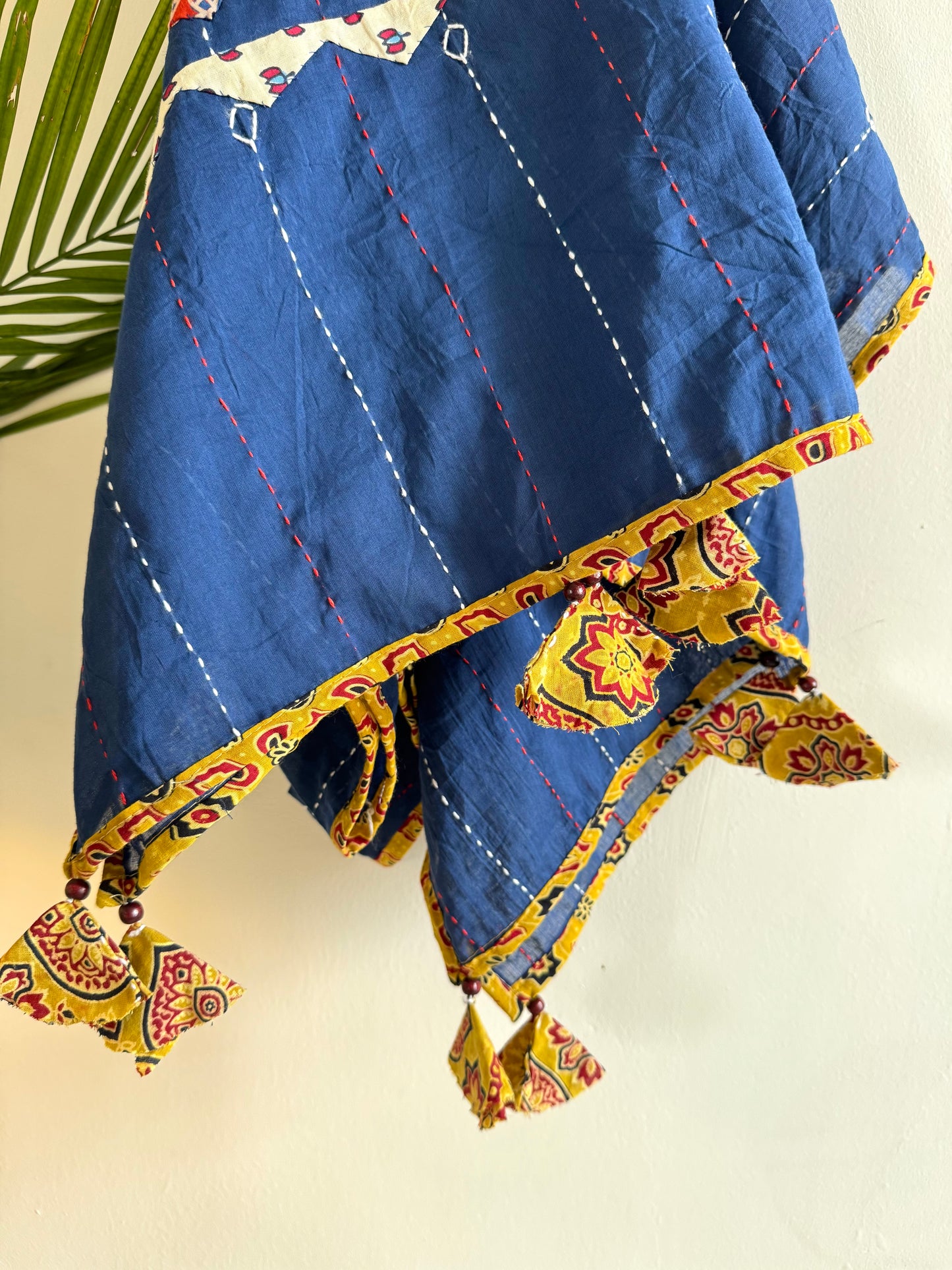 Ajrakh Applique & Kantha Embroidered Dupatta ~ Navy Blue with Multicolor Patch Work