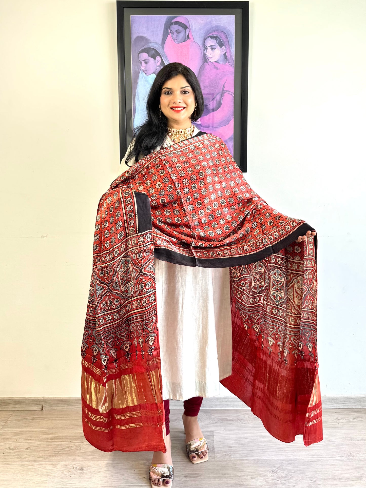 Modal Silk Ajrakh Dupatta ~ Brick Red Jharokha Motif w/ Zari