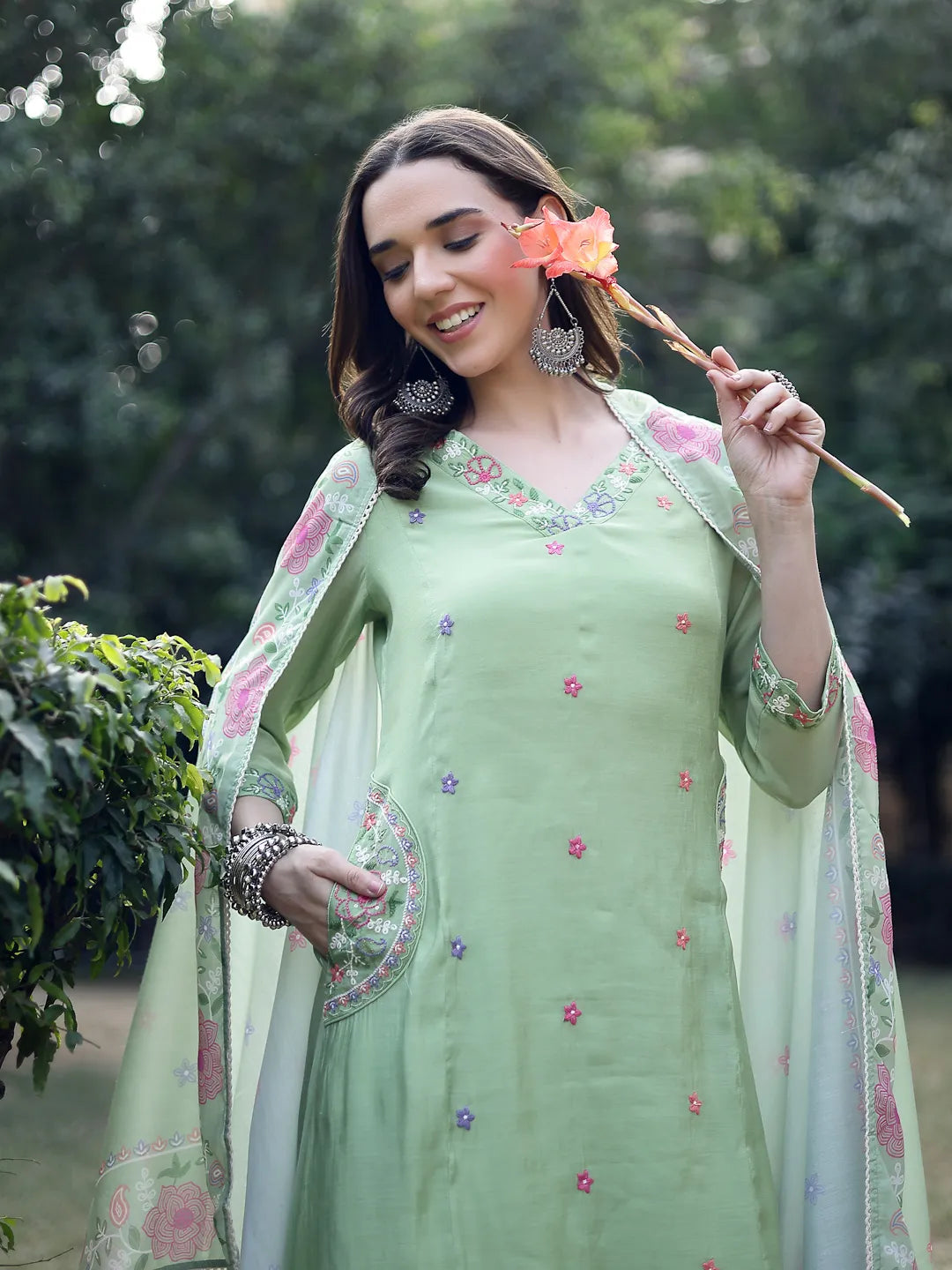 Meher𓂃 ོ☼𓂃Chanderi Silk Suit Sets, Pista Green