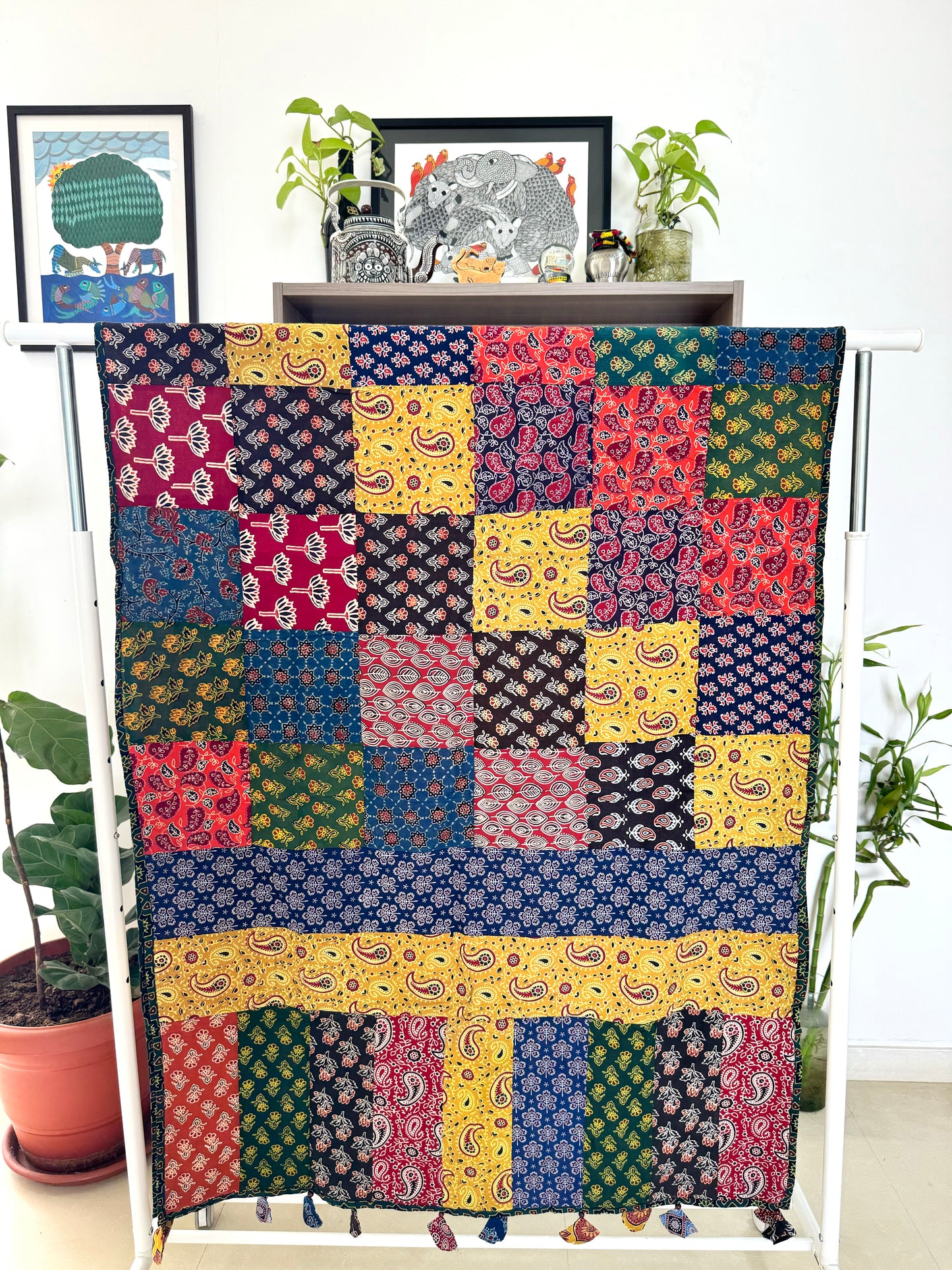 Ajrakh Applique & Kantha Embroidered Dupatta ~ Multicolored Chequered