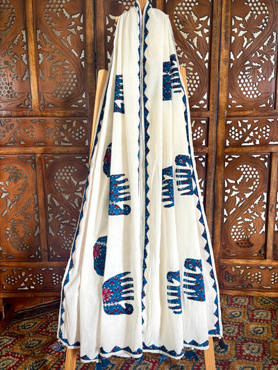 Ajrakh Applique & Kantha Embroidered ~ Blue Hastika Dupatta