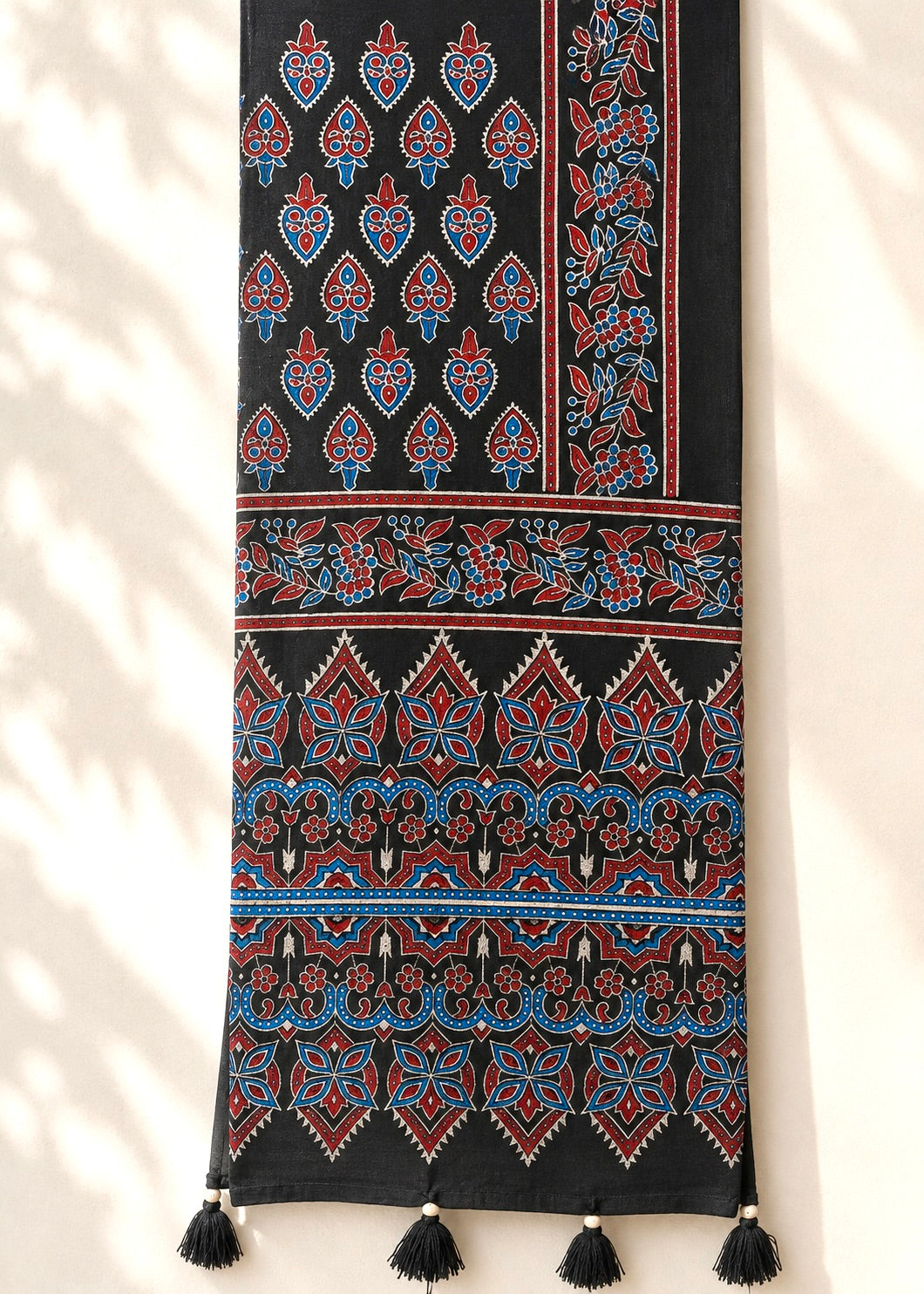 Raahi🌻Ajrakh Cotton Stoles ~ black and metallic blue w/ flower motifs