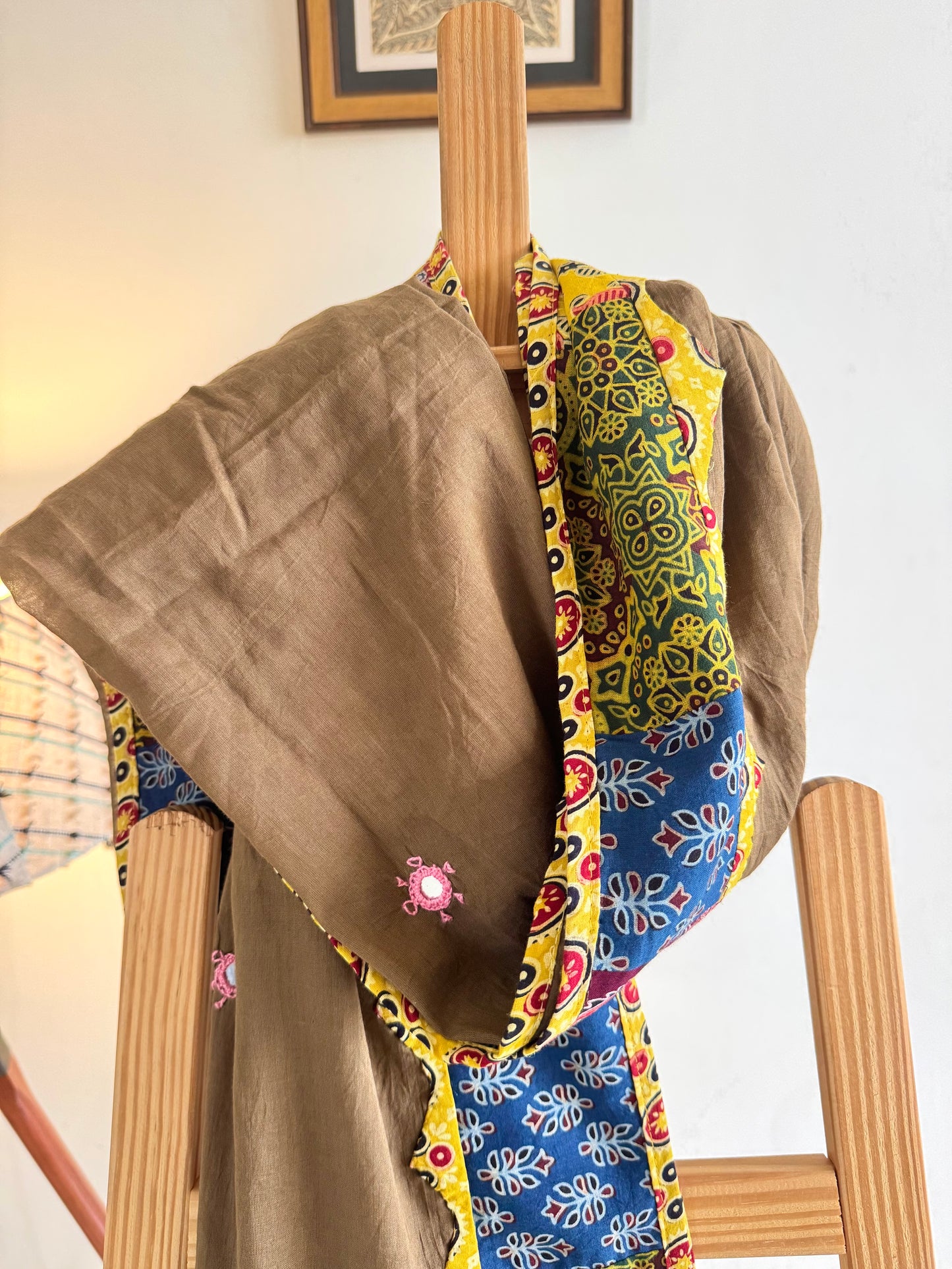 Ajrakh Applique & Kantha Embroidered Dupatta ~ Coco Brown w/ Yellow