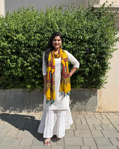 Rangrez🔅Modal Silk Ajrakh Stoles ~ Yellow with Palm Tree Motifs