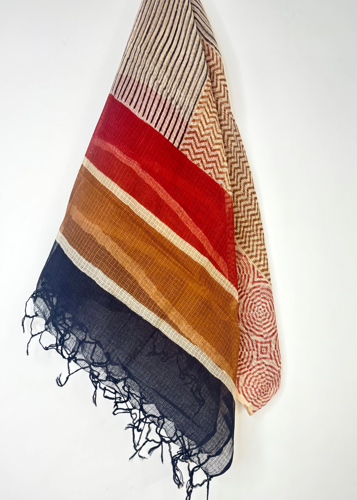 Kota Doria Bagru Handblock Dupatta ~ Beige w/ Red circles