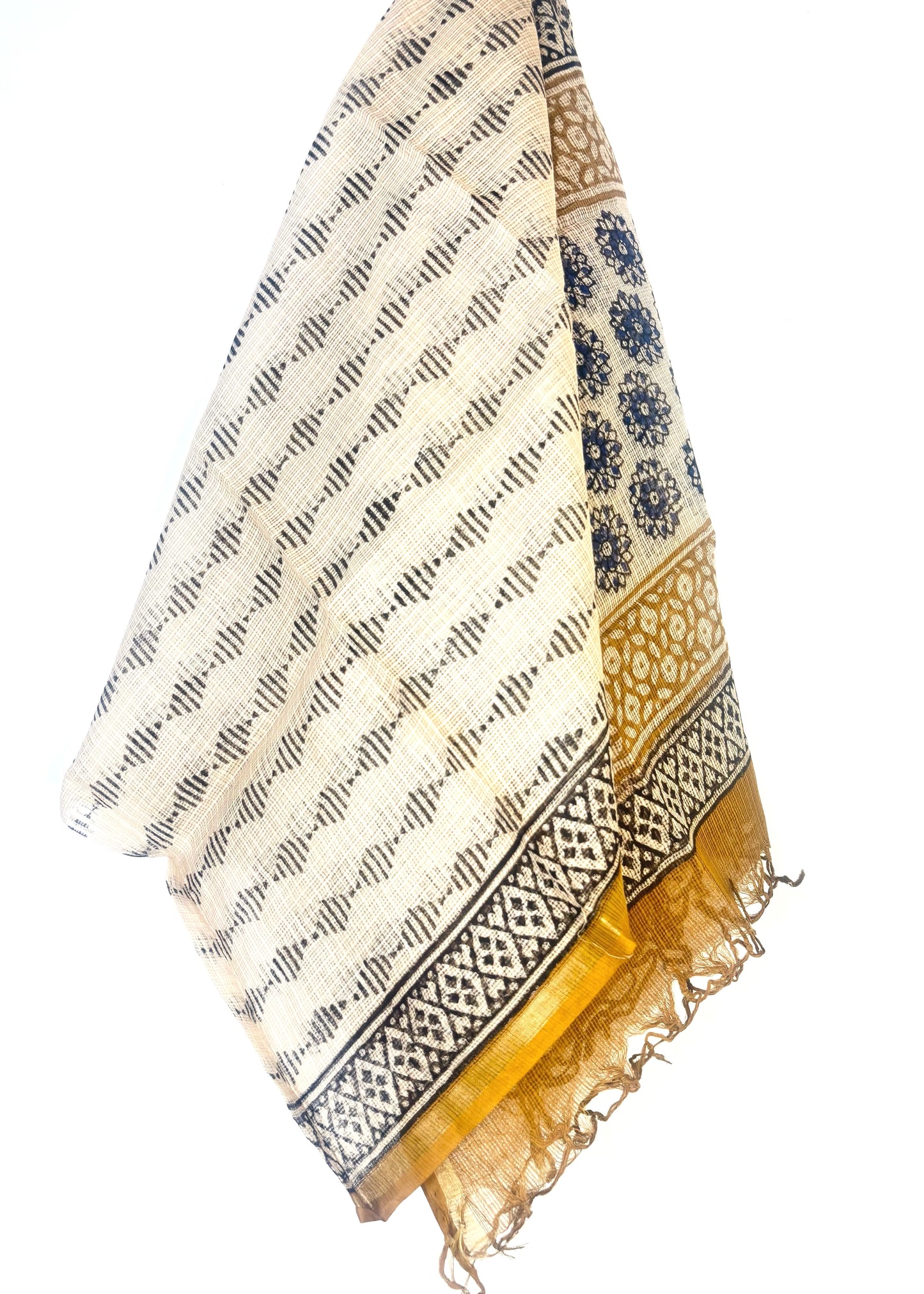 Kota Doria Bagru Handblock Dupatta ~ Beige w/ indigo flowers & zari