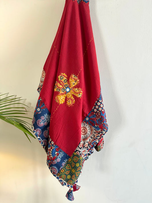 𓂃ོ⋆☀︎𓂃ᨒོ Ajrakh, Applique & Kantha Embroidered Dupatta ~ Ruby Red 𑁍ࠬ