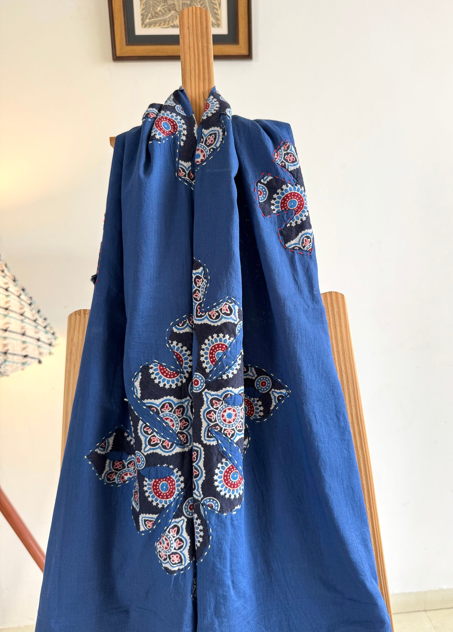 𓂃ོ⋆☀︎𓂃ᨒོ Ajrakh, Applique & Kantha Embroidered Dupatta ~ Navy Blue w/ Black Flowers 𑁍ࠬ
