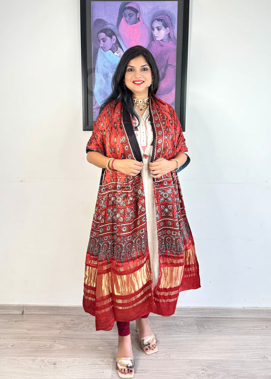 Modal Silk Ajrakh Dupatta ~ Brick Red Tulip Motif w/ Zari