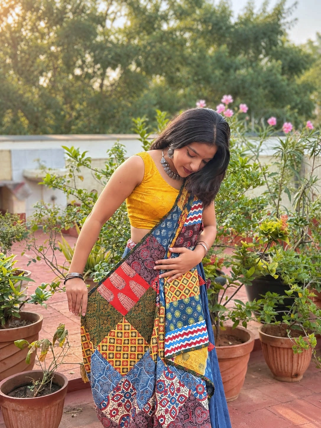 ✨Navrang ~ Ajrakh Long Skirt & Dupatta Set ~ Navy Blue w/ Multicolored Dupatta