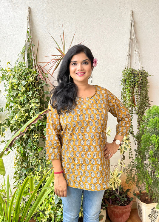 Leaf Motif ~ Mustard Yellow Handblock Kurti