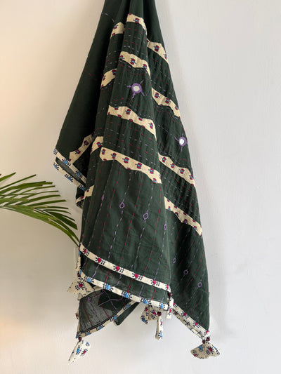 Ajrakh Applique & Kantha Embroidered Dupatta ~ Olive Green & Cream