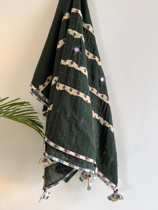 Ajrakh Applique & Kantha Embroidered Dupatta ~ Olive Green & Cream